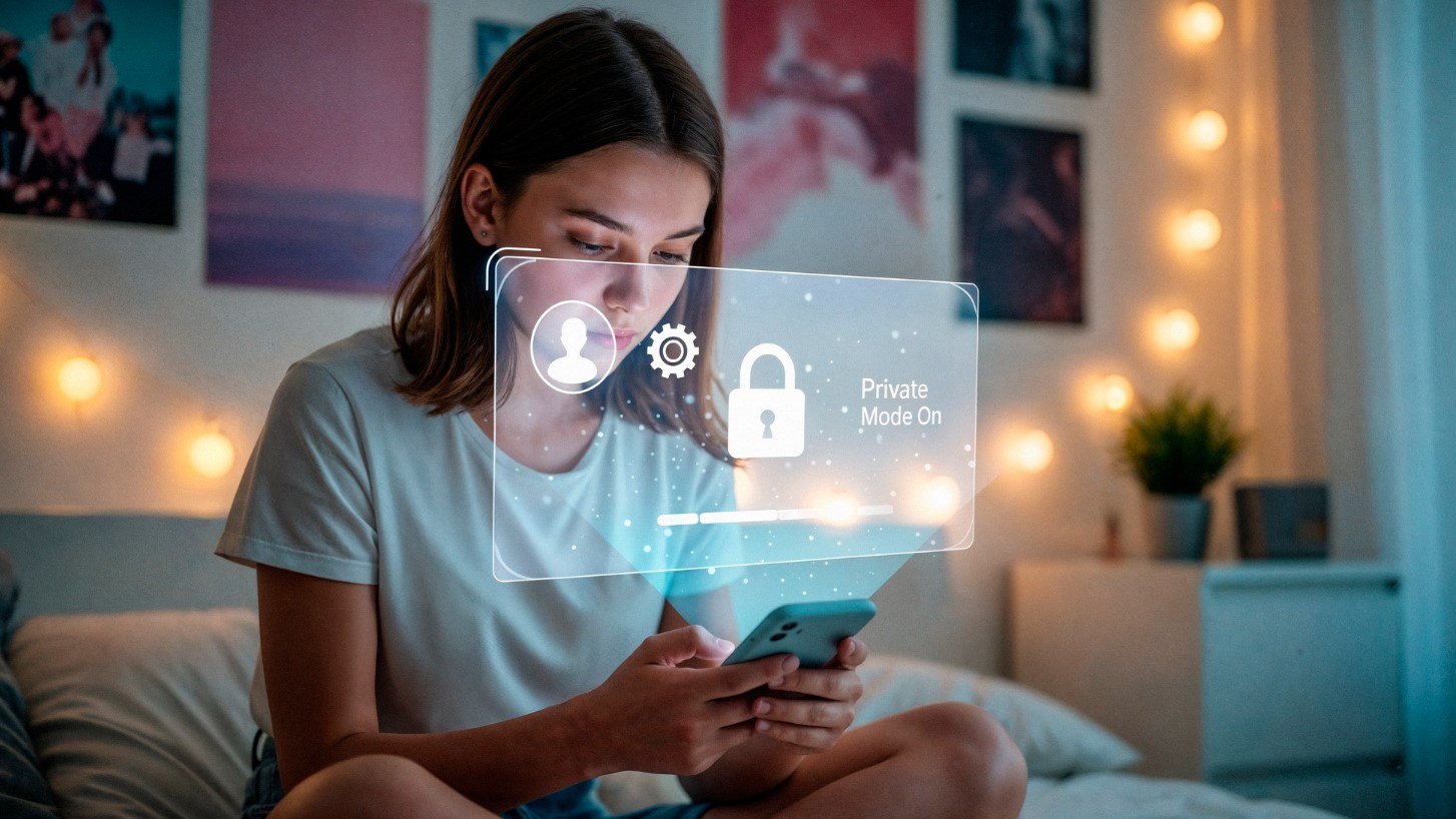 Tiener met smartphone in privémodus als onderdeel van stappen om smartphone te beveiligen.