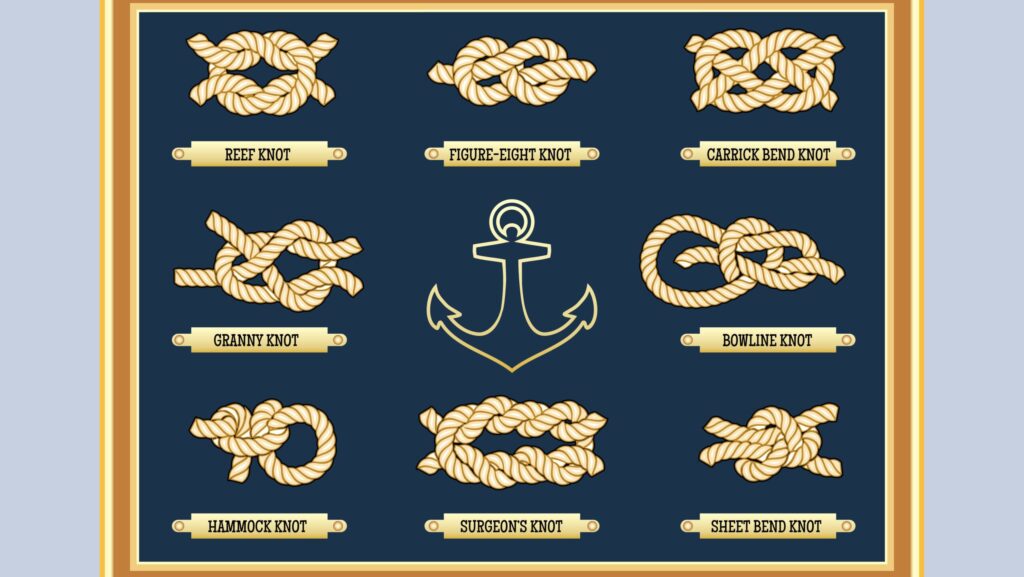 Illustratie van diverse knooptechnieken waaronder de zeemansknoop en andere touwverbindingen