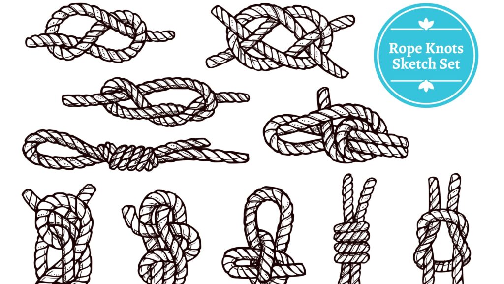 Handgetekende schetsen van touwknopen met duidelijke weergave van de zeemansknoop en varianten