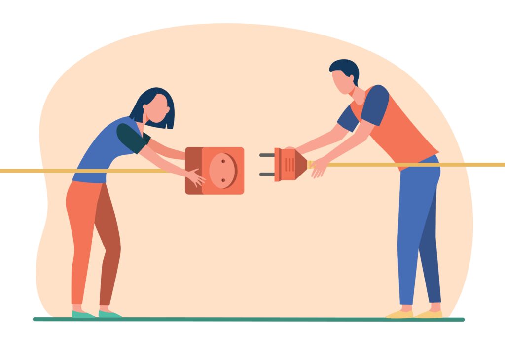 Illustratie van man en vrouw die samen een stekker in een stopcontact plaatsen als symbool voor elektriciteit.
