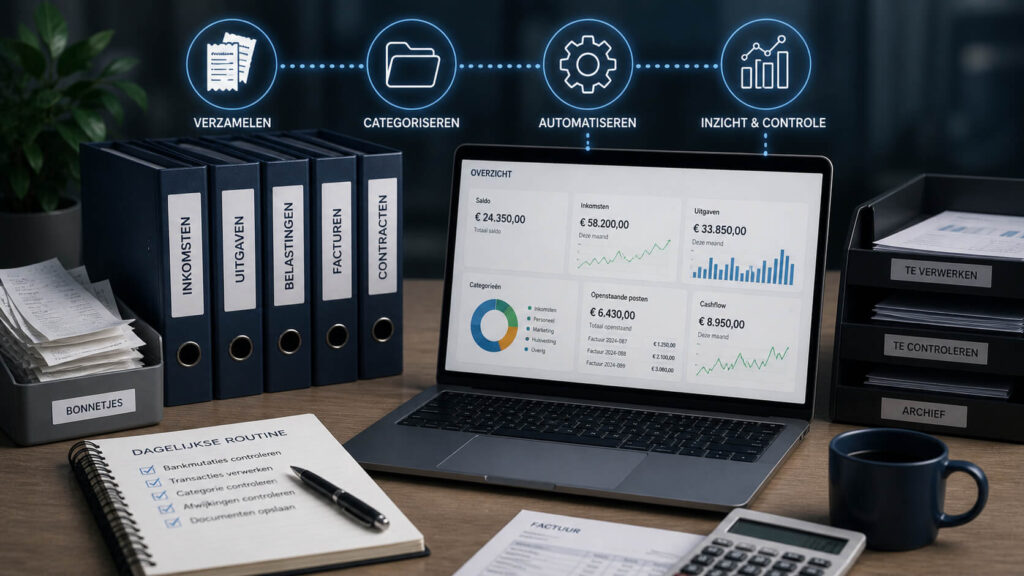 Overzicht van financiële administratie met mappen, laptop en categorieën voor inkomsten en uitgaven
