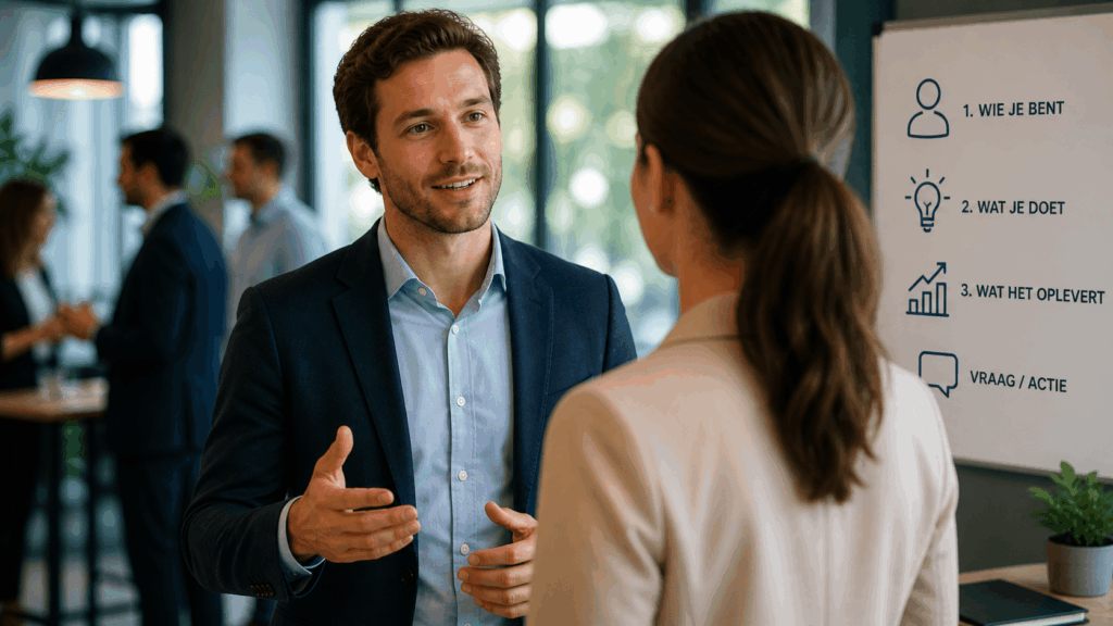 Elevator pitch gesprek met duidelijke structuur over wie je bent en wat je doet