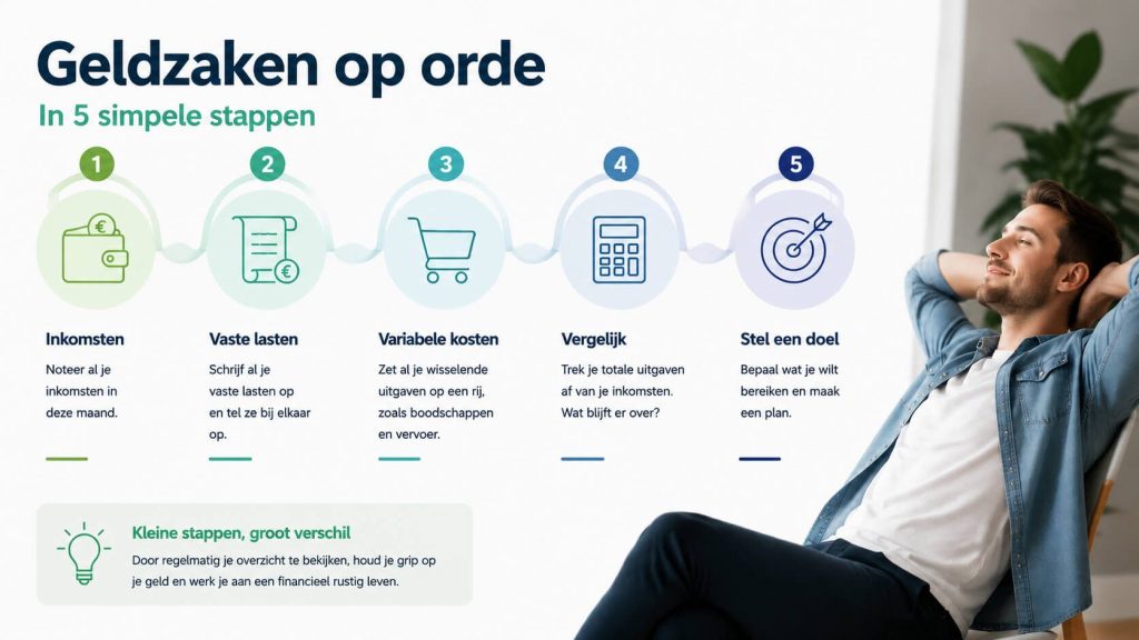 Infographic met stappen voor financieel overzicht maken en beter grip krijgen op geldzaken