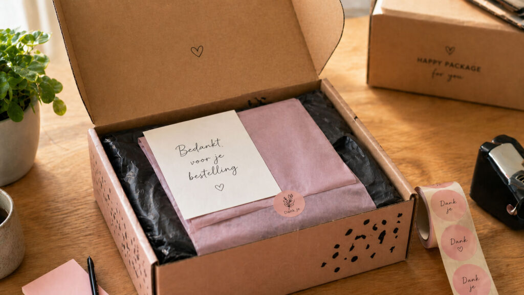 Persoonlijke verzending met doos, handgeschreven kaart en stickers voor een warme unboxing ervaring