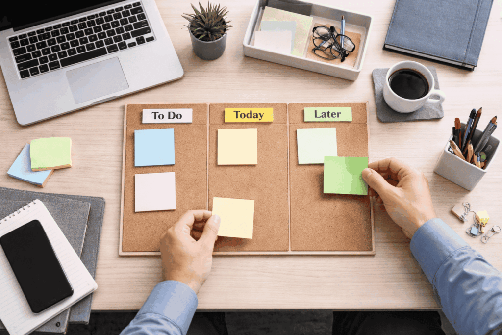 Overzicht met to do today later kolommen om taken te structureren op een bureau