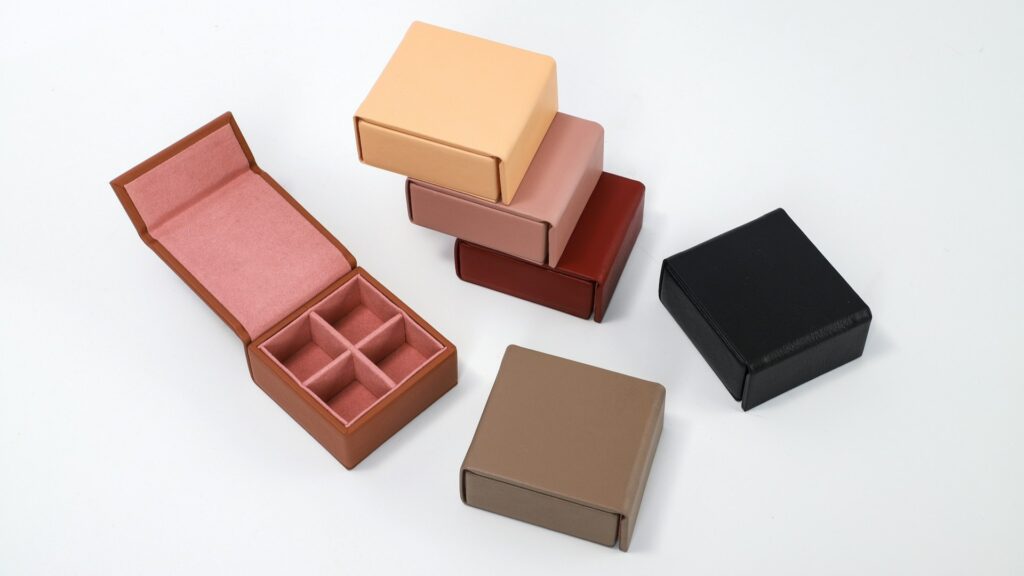 Luxe doosjes in verschillende kleuren tonen hoe persoonlijke verzending zorgt voor een verzorgde presentatie