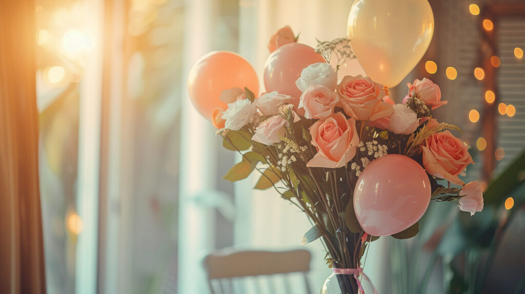 Verrassend cadeau bezorgd met roze bloemen en decoratieve ballonnen in warme sfeer