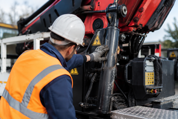 Monteur controleert de technische staat van een autolaadkraan tijdens een veiligheidsinspectie op een bouwplaats