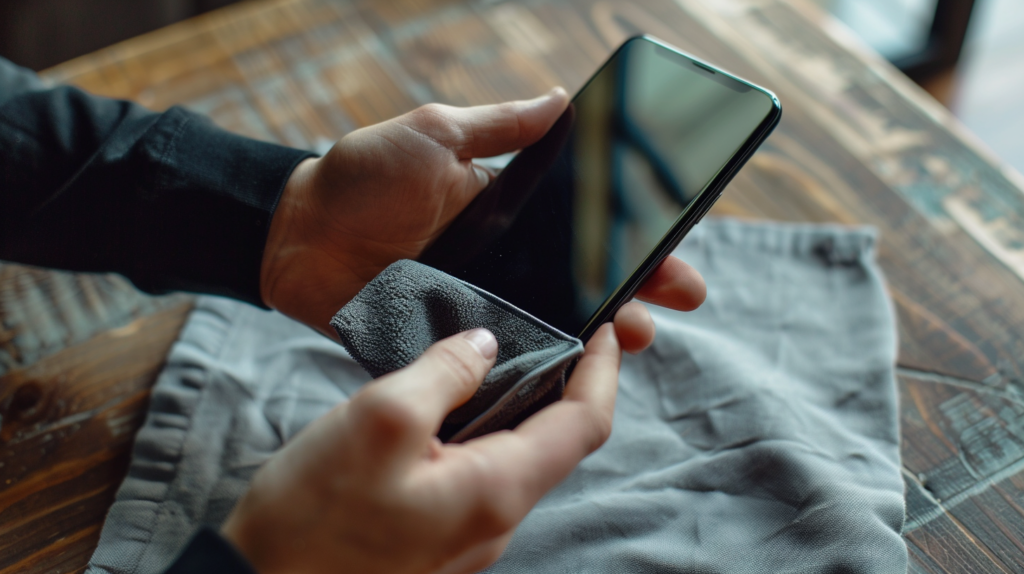 Handen maken een smartphone schoon met doekje tijdens dagelijks telefoon schoonmaken.