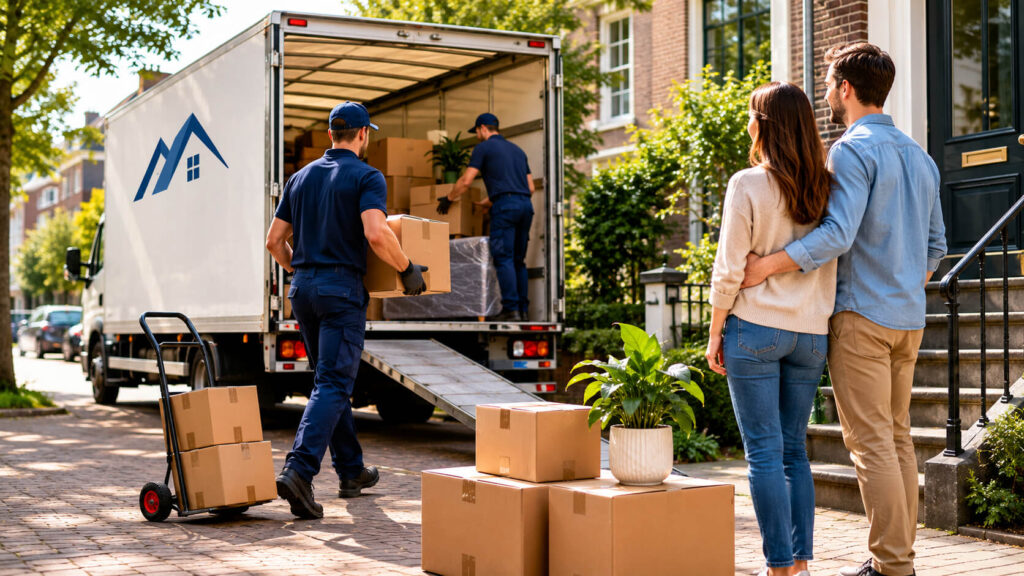 Verhuisteam laadt dozen uit verhuiswagen tijdens verhuizing in Amsterdam