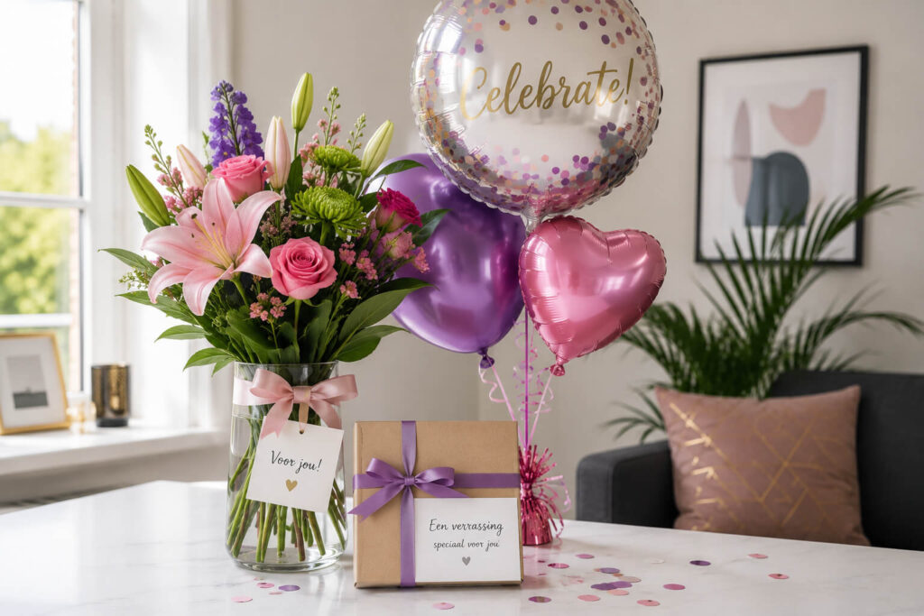 Verrassend cadeau bezorgd met boeket, cadeaupakket en feestelijke ballonnen op tafel