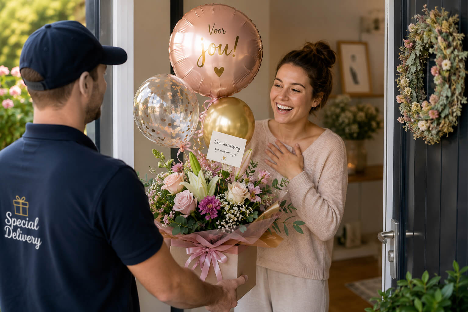 Verrassend cadeau bezorgd met bloemen en ballonnen aan de deur bij een blije ontvanger