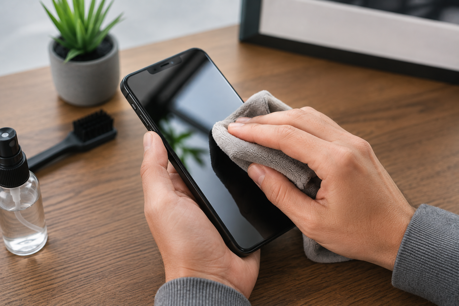 Smartphone reinigen met microvezeldoek tijdens telefoon schoonmaken op een houten tafel.