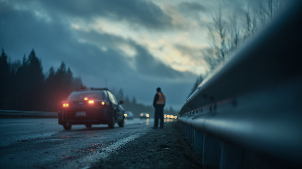Een persoon in een reflecterend vest staat veilig achter de vangrail terwijl een auto met knipperende alarmlichten langs de snelweg pech heeft in de schemering