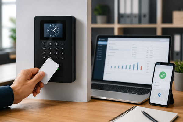 Digitale prikklok voor urenregistratie met medewerker die inklokt via een toegangspas naast een laptop en smartphone in een moderne kantooromgeving