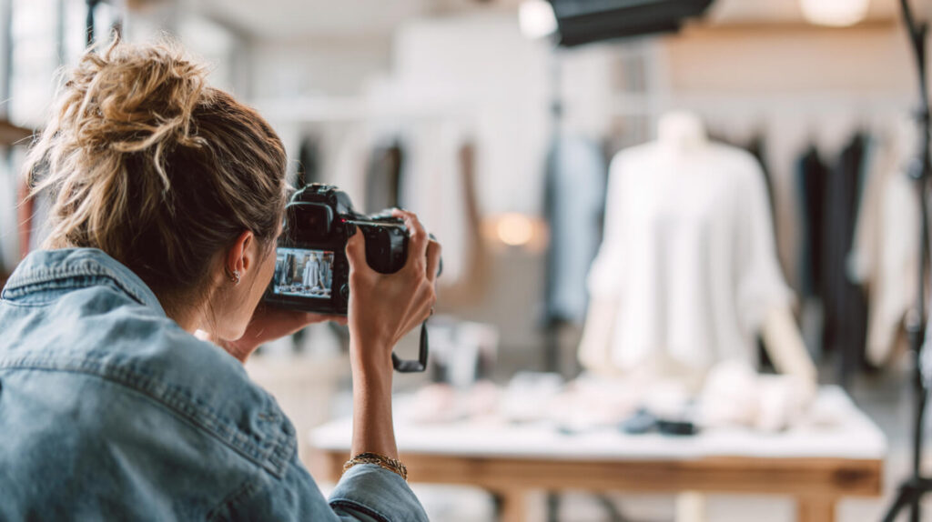 Productfotografie voor online verkopen met een ondernemer die kleding fotografeert voor een webshop.