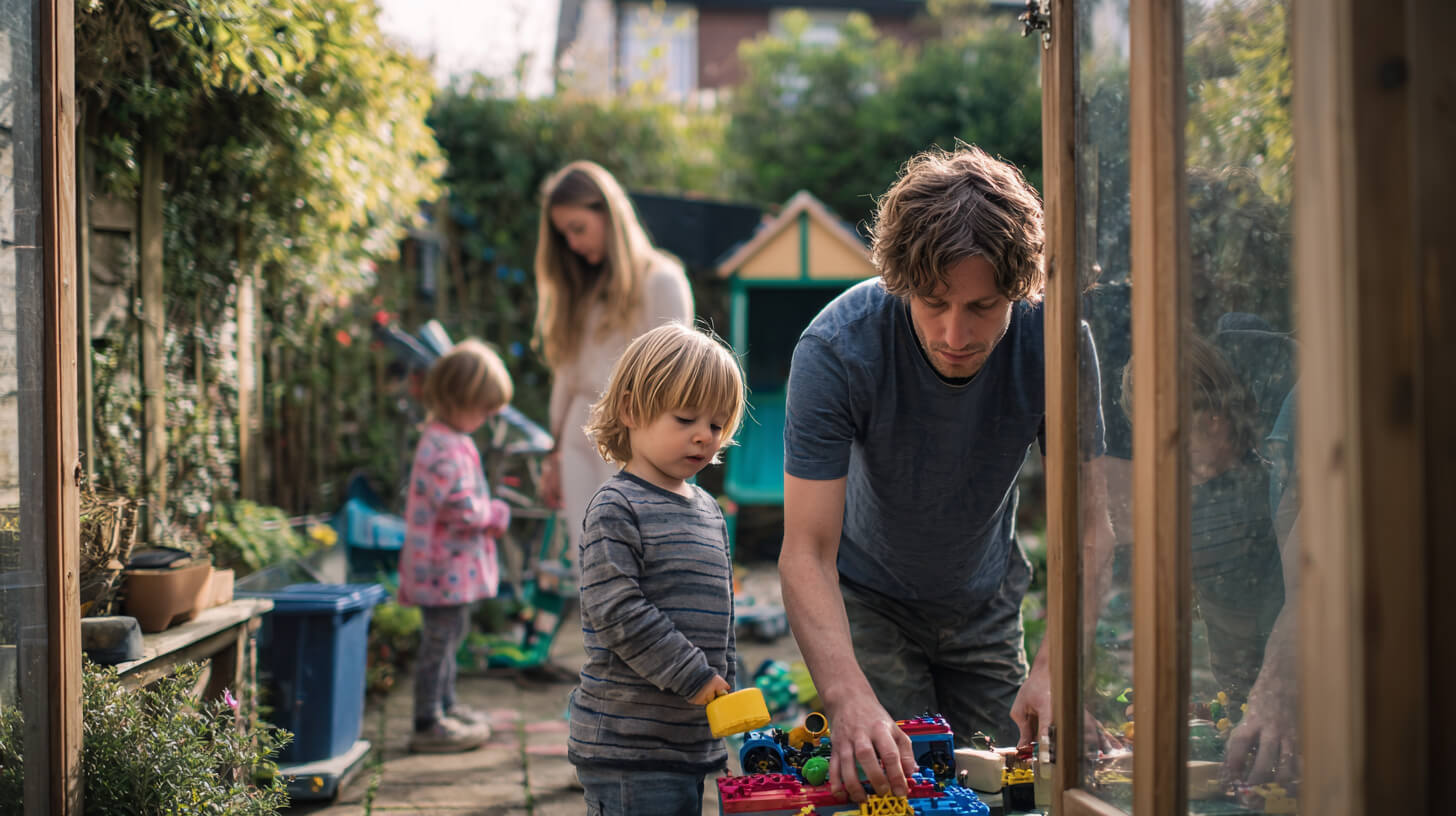 Ouder ruimt speelgoed op in de tuin voor een veilige speelruimte kinderen.