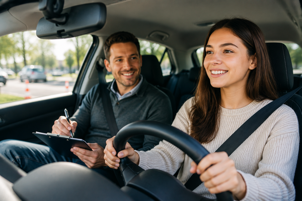 Leerling tijdens haar eerste rijles met rijinstructeur in de auto terwijl ze geconcentreerd achter het stuur zit