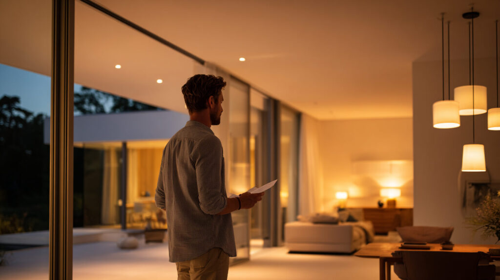 Bewoner beoordeelt de verlichting in huis aan de hand van een lichtplan laten maken.