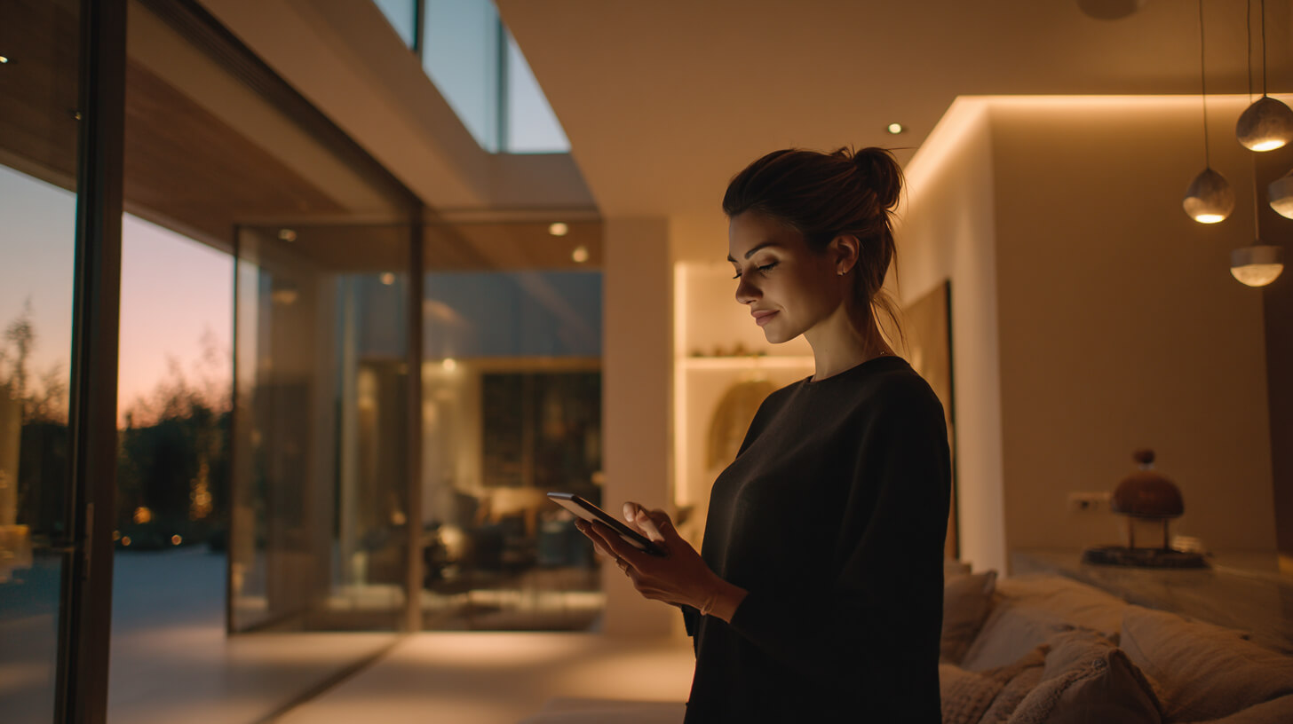 Bewoner bedient de verlichting in een woning na een lichtplan laten maken.
