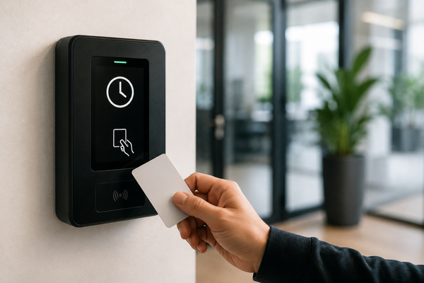 Medewerker klokt in met een toegangspas bij een moderne digitale prikklok aan de wand van een kantoor