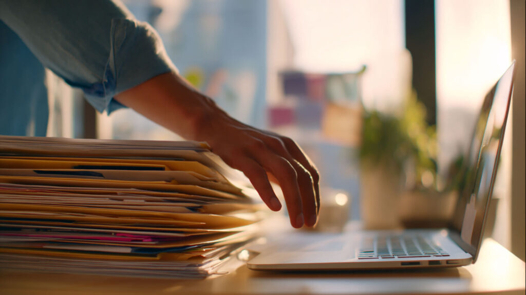 Documenten en laptop op bureau tijdens een snelle opruimroutine om de werkplek overzichtelijker te maken
