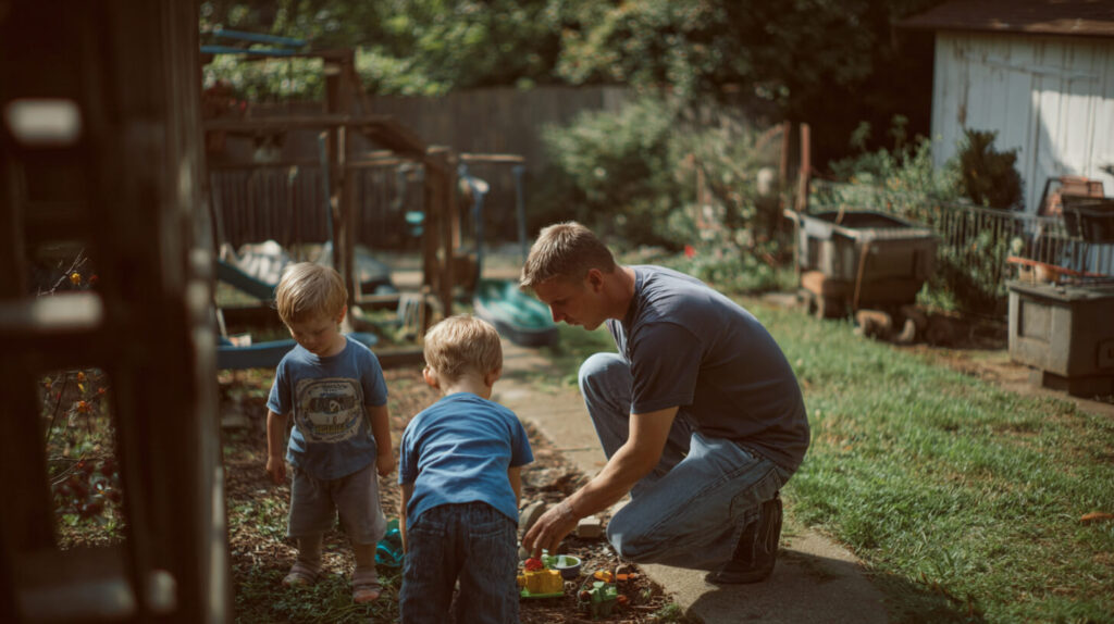 Ouder controleert de tuin op obstakels voor een veilige speelruimte kinderen.
