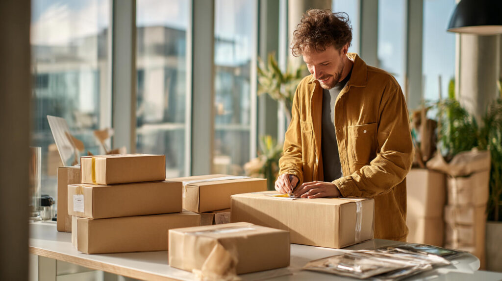 Ondernemer verpakt bestellingen aan een werktafel voor online verkopen vanuit een eigen webshop.