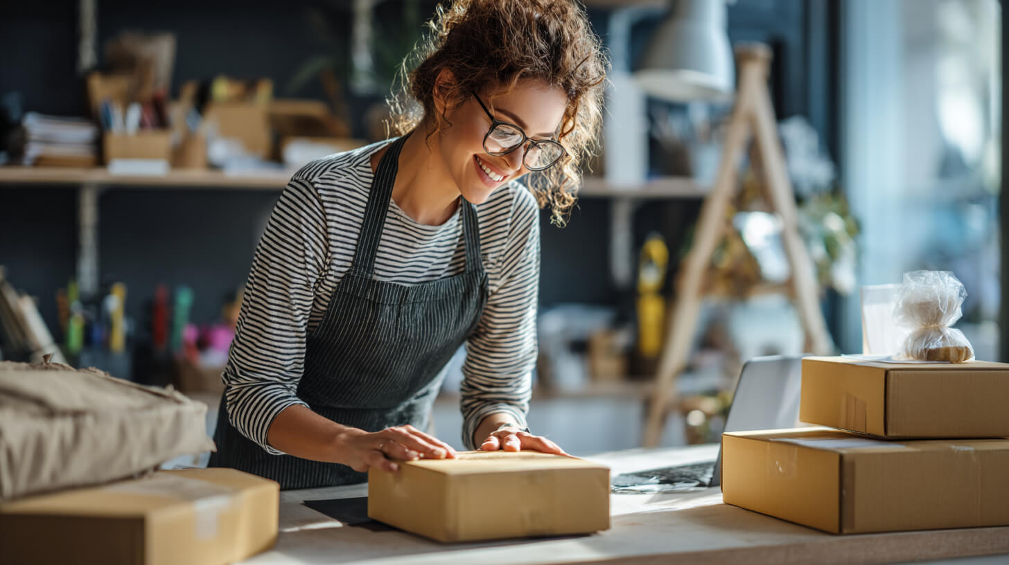 Webshopbeheerder maakt pakketten verzendklaar als onderdeel van online verkopen en orderverwerking.