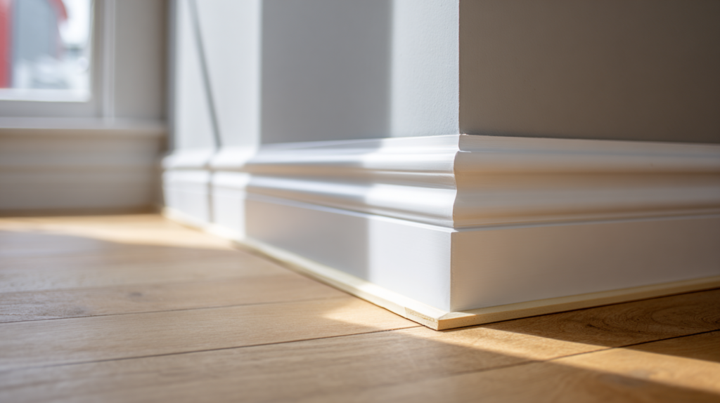 Detailopname van een strak wit geschilderde plint met sierlijst tegen een houten vloer