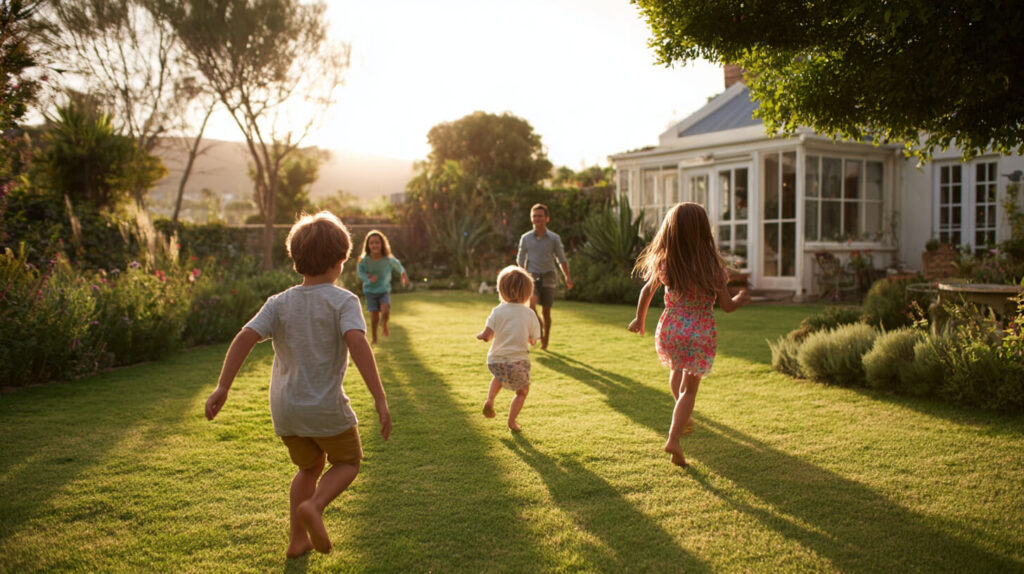 Kinderen spelen en rennen in een veilige speelruimte kinderen met open grasveld.