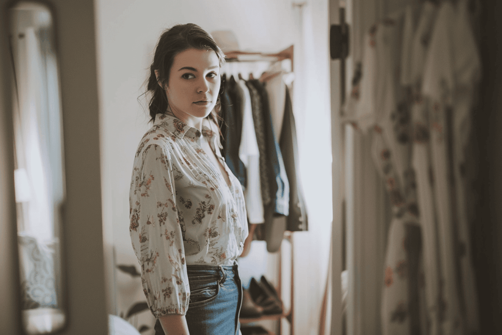 Een meisje die haar outfit voor de spiegel bekijkt