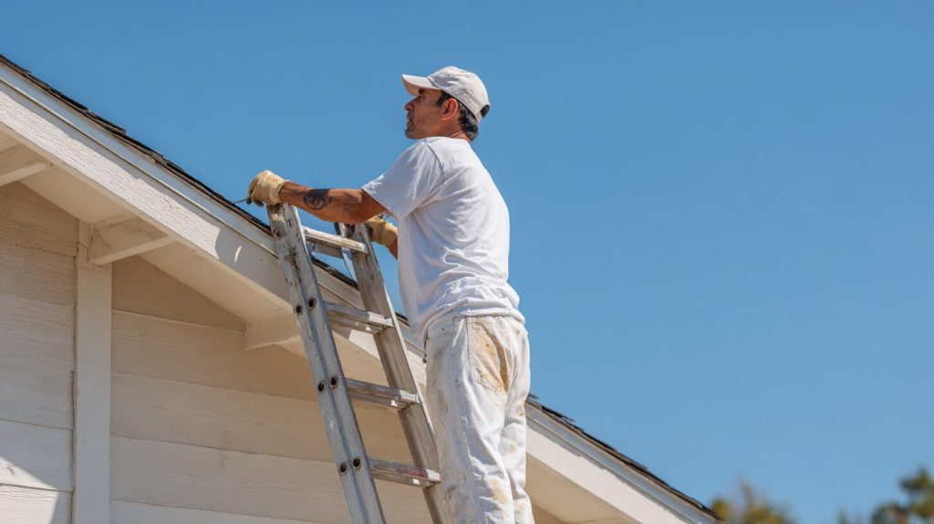Een dakwerker op een ladder inspecteert de dakrand en goot van een woning tegen een strakblauwe lucht.