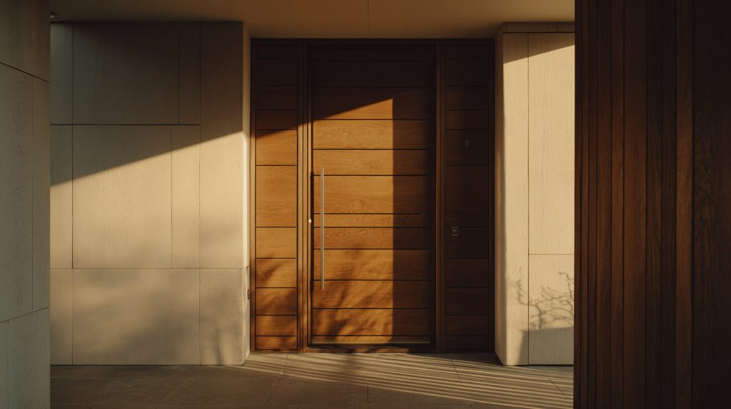 Moderne houten voordeur met verticale lamellen en smalle metalen deurgreep, ingebouwd in een breed kozijn tussen betonnen wanden en verlicht door laag invallend avondlicht