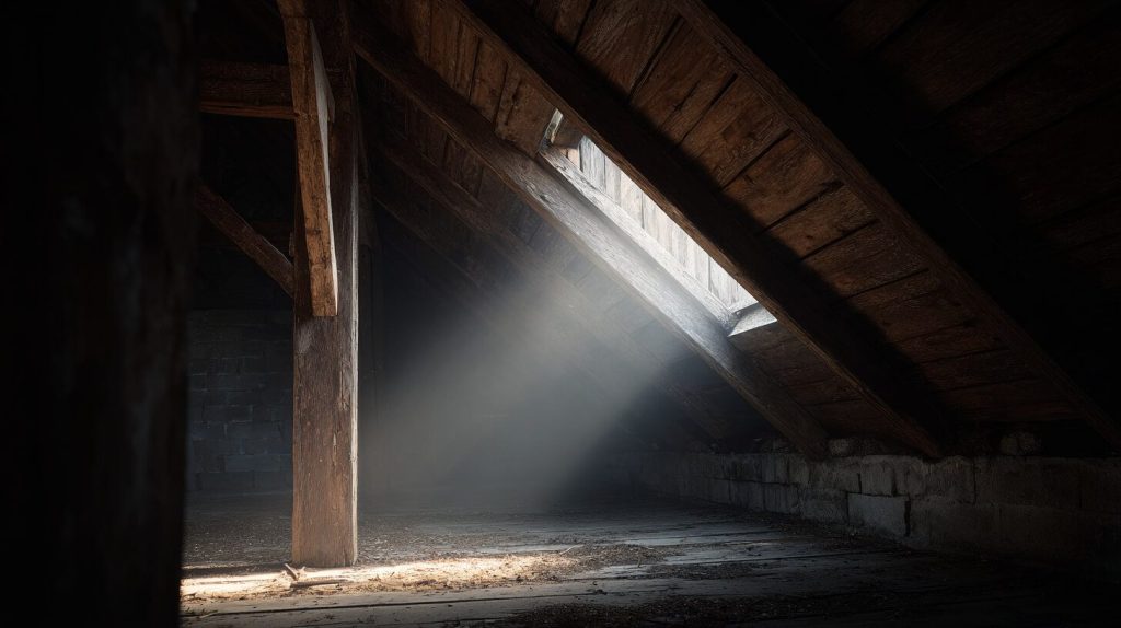 Zonlicht valt door een kleine opening in het houten dakbeschot van een schemerige zolderruimte.
