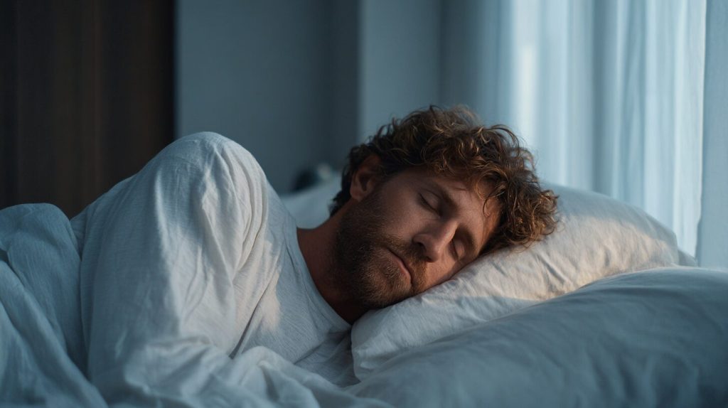 Man met warrig rood haar slaapt vredig op zijn zij in een rustig verlicht slaapkamerbed