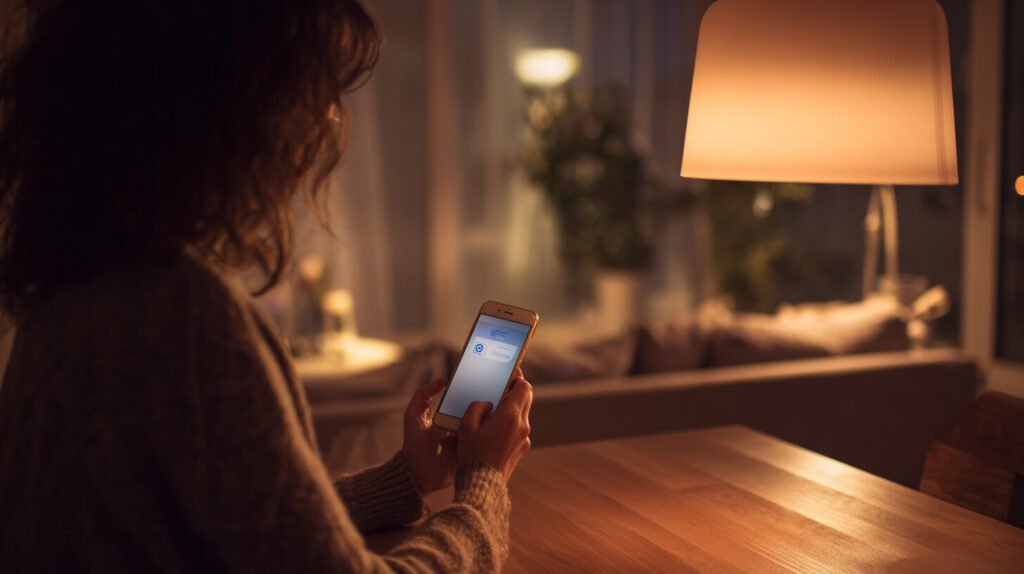 Vrouw bekijkt bij lamplicht een contactscherm op haar telefoon aan de eettafel