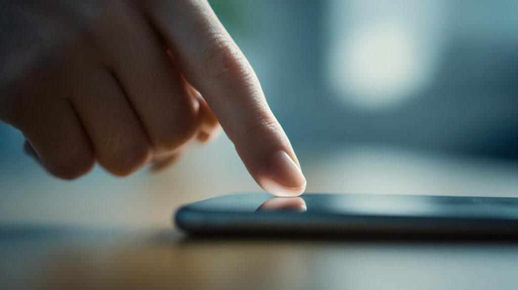 Close-up van een vinger die het scherm van een smartphone aanraakt om een noodcontact in te stellen