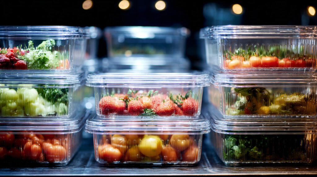 Doorzichtige voedselcontainers gestapeld met verse tomaten, aardbeien en groenten in een horecaopslag