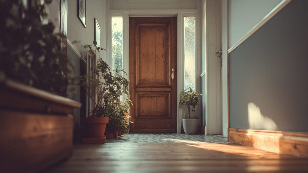 Klassieke houten voordeur met paneeldetail en glazen zijlichten in een gezellige hal met plantenbakken, waar de kozijnmaat duidelijk zichtbaar is tegen de witte wanden