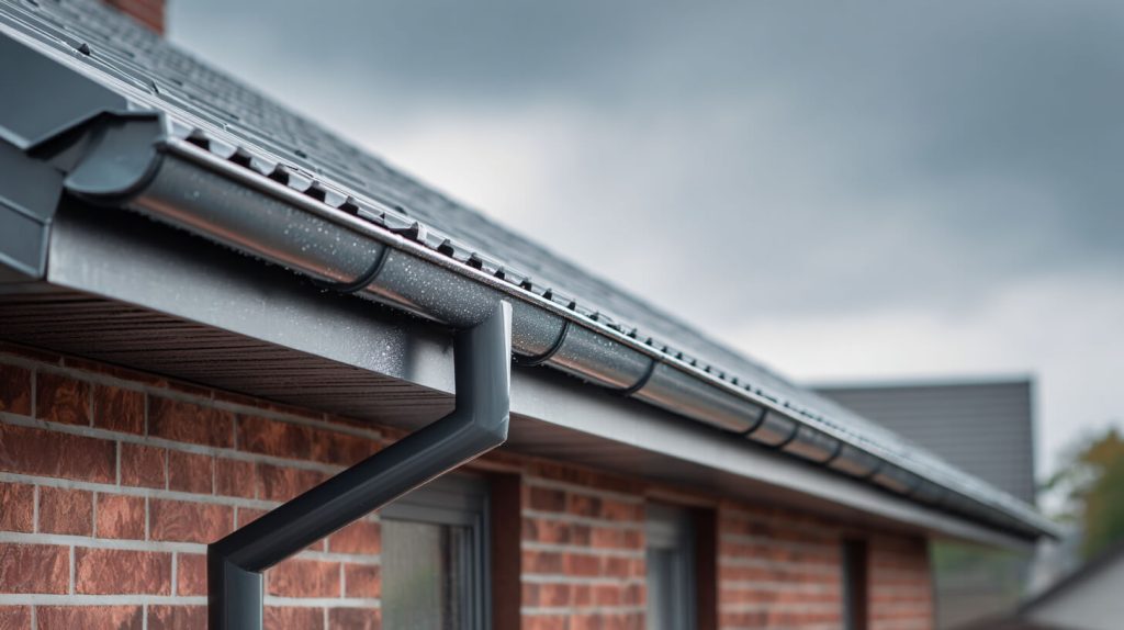 Zinken dakgoot gemonteerd onder de dakrand van een bakstenen woning, met regenpijp naar beneden