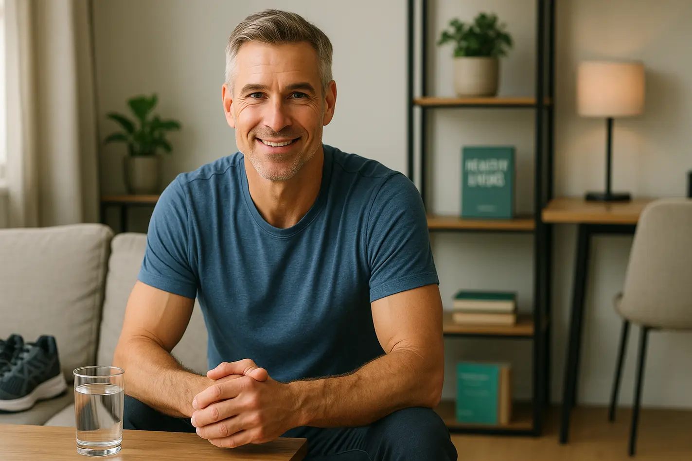 Gezonde middelbare man ontspant thuis voor algemene gezondheid mannen
