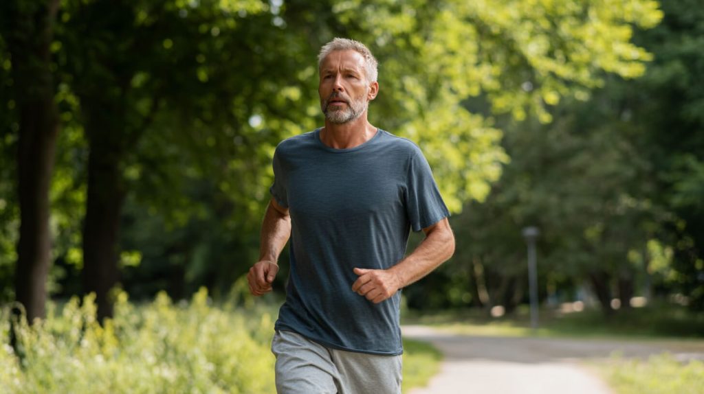 Man van middelbare leeftijd joggt geconcentreerd over een pad in een groen park tijdens het sporten