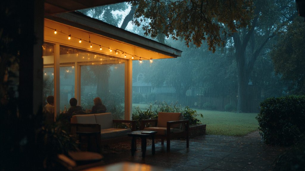 Drie mensen zitten 's avonds beschut onder een overkapt terras met sfeerverlichting, terwijl buiten de regen valt op het gazon.