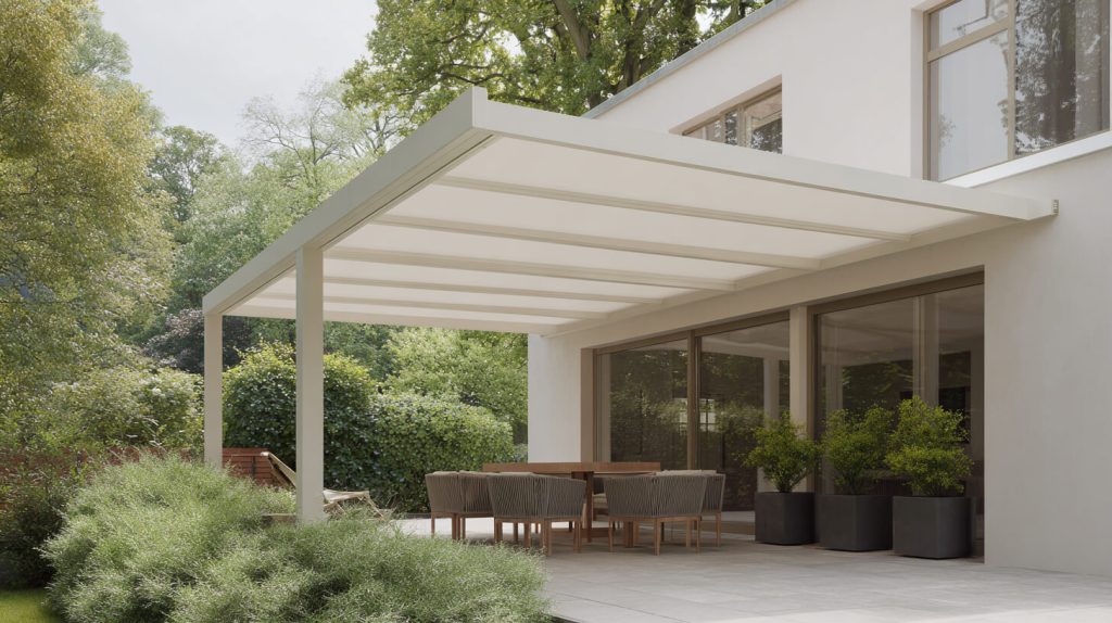 Een modern wit terrasoverkapping met glazen dakpanelen boven een houten eettafel tegen de gevel van een woning.