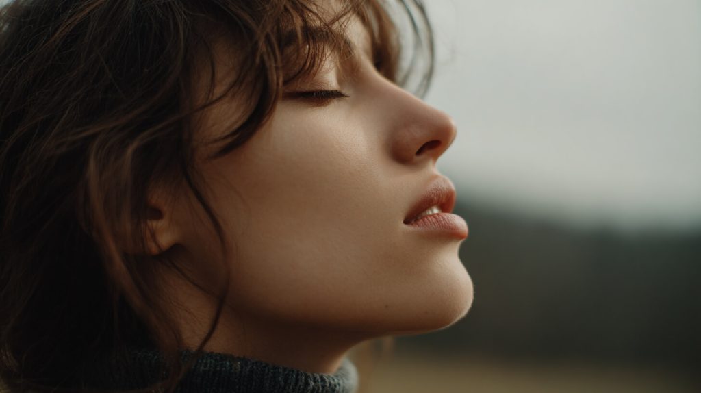 Close-up van een vrouw met gesloten ogen die langzaam uitademt tijdens een moment van diepe ontspanning