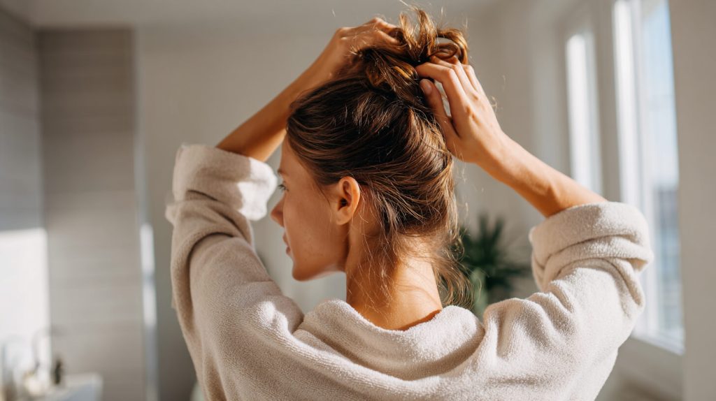 Vrouw maakt met beide handen snel een losse knot in haar haar, gezien van achteren in een zonnige badkamer