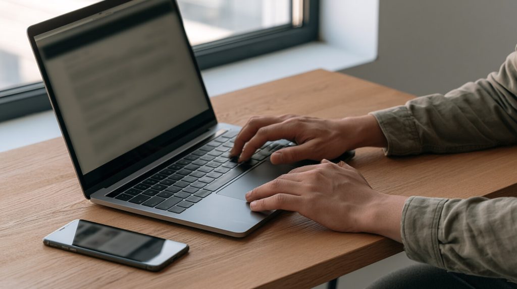 Close-up van twee handen die op het toetsenbord en trackpad van een laptop typen naast een smartphone, tijdens het opzoeken van informatie over een hypotheekadviseur