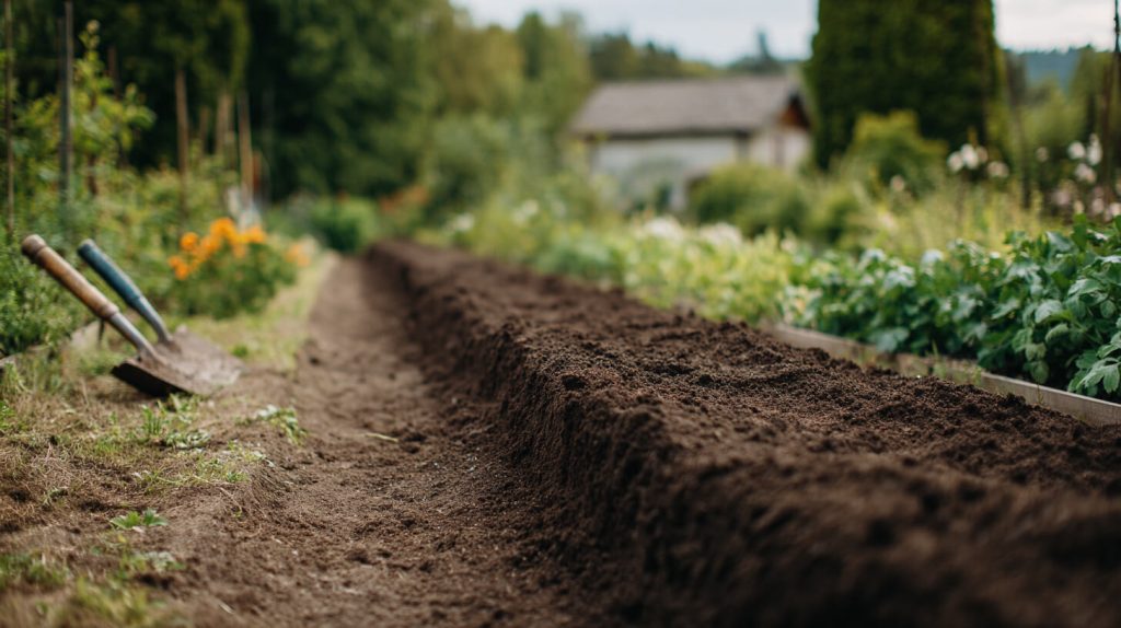 Een lange, losgewerkte plantstrook met tuingereedschap ernaast, klaar voor een nieuwe rij beplanting