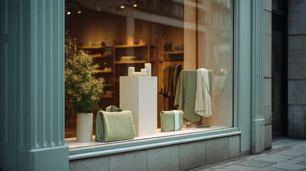 Boetiek-etalage met wit podium, groene en beige accessoires en een boeket droogbloemen in een rustig, gedempt kleurenpalet